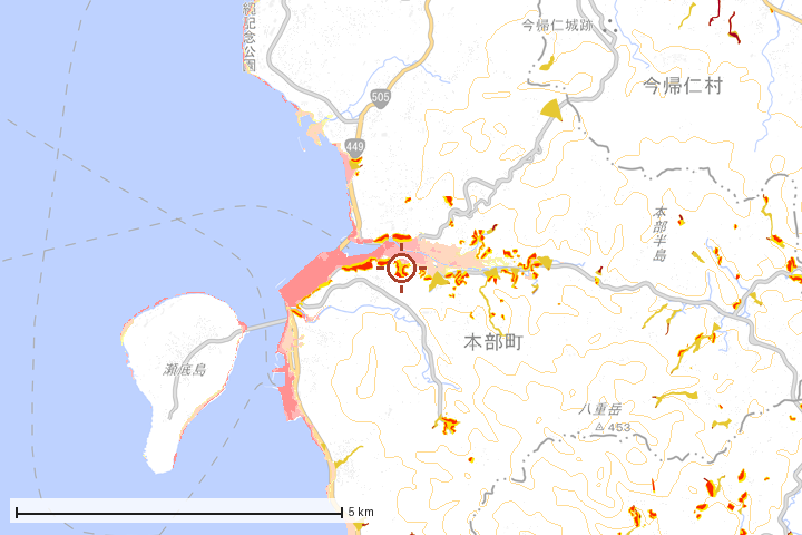 本部町周辺のハザード重ね図
