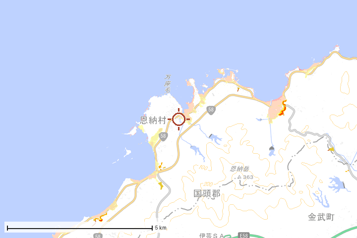 恩納村周辺のハザード重ね図