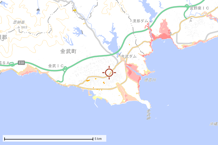 金武町周辺のハザード重ね図