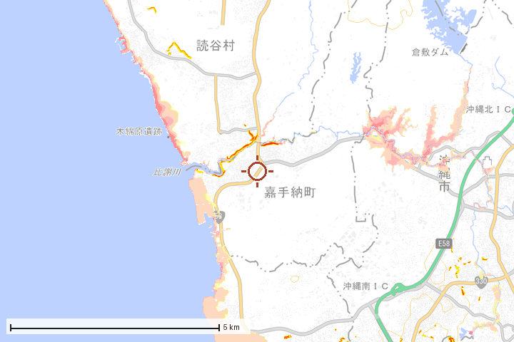 嘉手納町周辺のハザード重ね図