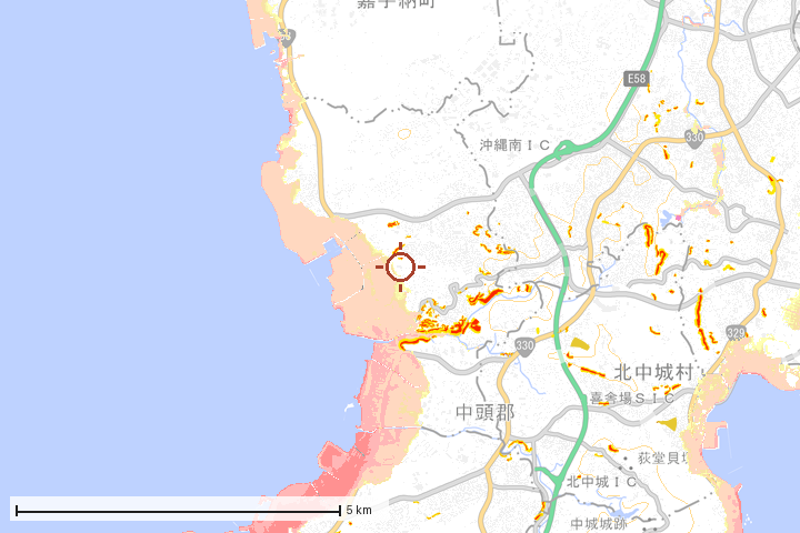 北谷町周辺のハザード重ね図