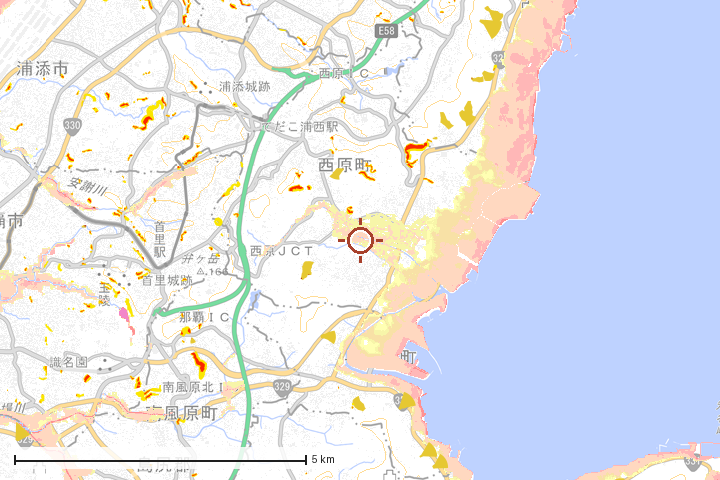 西原町周辺のハザード重ね図