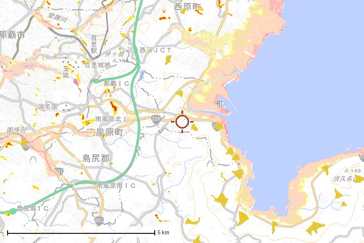 与那原町周辺のハザード重ね図
