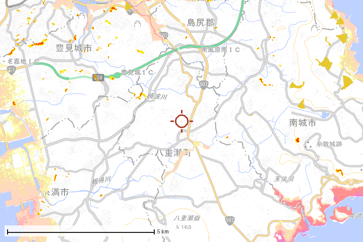 八重瀬町周辺のハザード重ね図