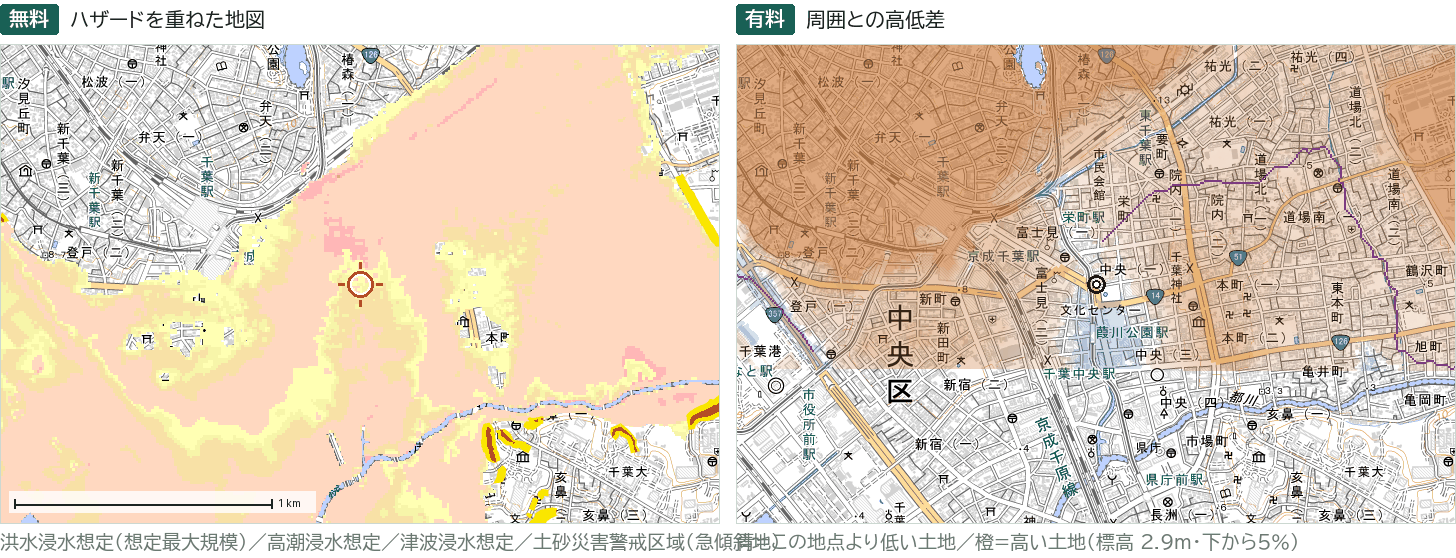 実際に生成した出力。左が無料のハザード重ね図、右が有料の周囲との高低差。低い土地が青、高い土地が橙で、紫の線は雨水が集まる筋